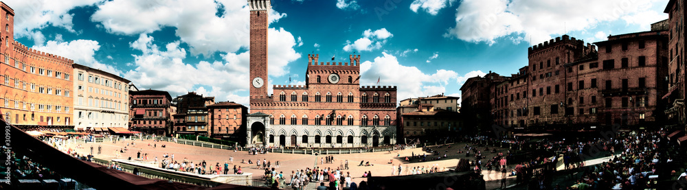 Panorama of Piazza Del Campo in Siena, Italy.
