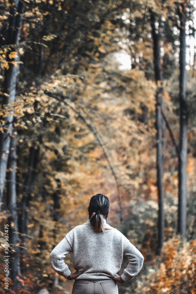 Autumn girl standing backwards and watching nature. Autumn forest colors with girl back view. Outdoor autumn landscape. Orange autumn portrait. Orange tranquility - woman watching woods outdoor Autumn girl standing backwards and watching nature. Autumn forest colors with girl back view. Outdoor autumn landscape. Orange autumn portrait. Orange tranquility - woman watching woods outdoor