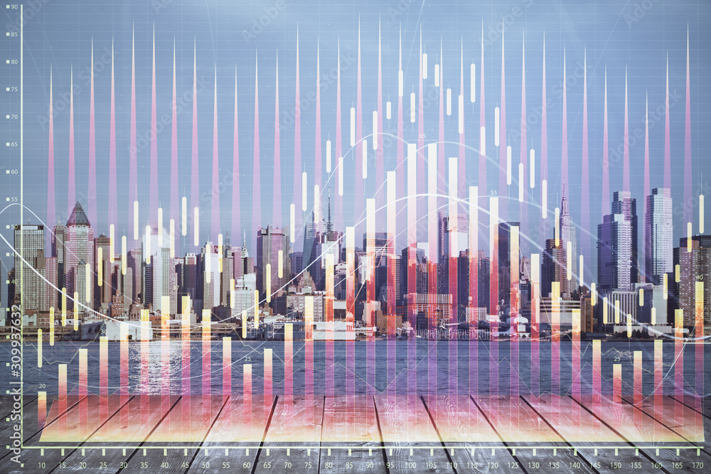 Forex graph on city view with skyscrapers background double exposure. Financial analysis concept.