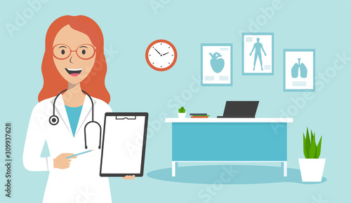 A female doctor is standing in the office and holding a sheet of paper with a diagnosis. Medical testing concept. Family doctor shows diagnosis and offers vaccination. Doctor's workplace set