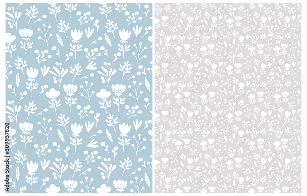 Cute Hand Drawn Floral Seamless Vector Patterns. White Flowers and Twigs Isolated on a Light Blue and Gray Backgrounds. Infantile Style Abstract Garden Design. Pastel Color Floral Repeatable Print.