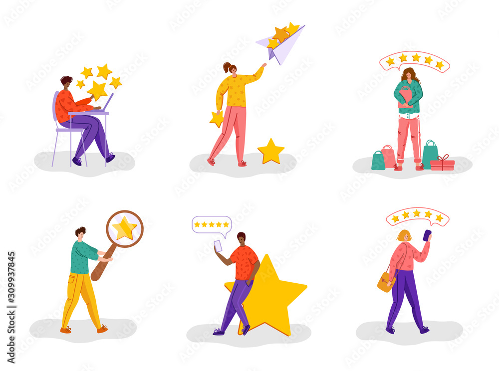 Client feedback or review concept, happy customers with mobile phones and gadgets sending their feedbacks, online service evaluation, flat people and rating stars, men and women characters, Vector