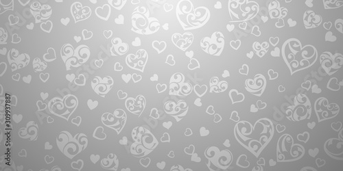 Background of big and small hearts with ornament of curls, in gray and white colors