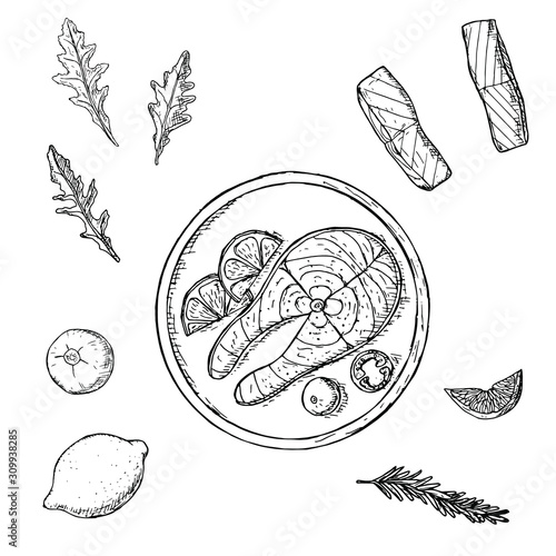 Set of fish and vegetables. Vector cartoon illustrations. Isolated objects on a white background. Hand-drawn style.