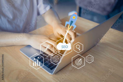 SEO Search Engine Optimization concept with laptop computer. ranking traffic on website, internet technology for business company.