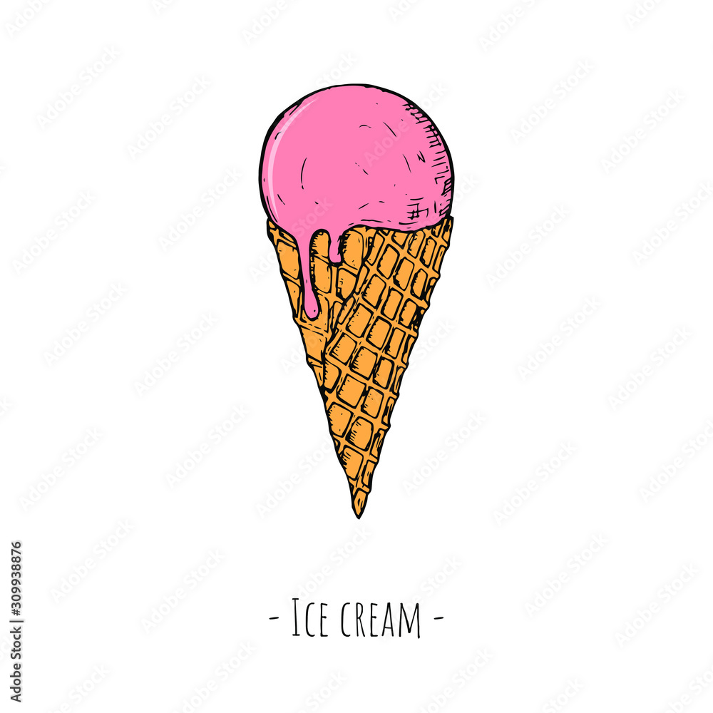Hand-drawn isolated ice cream cone. Vector cartoon illustration. Hand-drawn isolated ice cream cone. Vector cartoon illustration.
