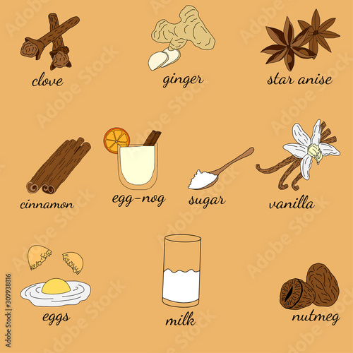 Egg-nogg winter warming recipe. Egg shake made from milk, eggs, sugar, nutmeg, cinnamon, vanilla, star anise, ginger, clove. Use for a cookbook or for a restaurant menu. Vector illustration,hand drawn