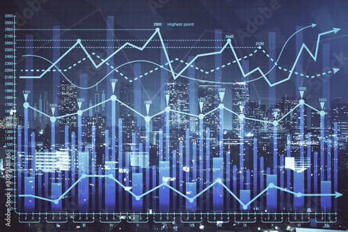 Financial graph on night city scape with tall buildings background multi exposure. Analysis concept. © peshkova