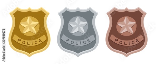 Police badges. Gold, silver and bronze shields. Isolated law enforcement vector labels