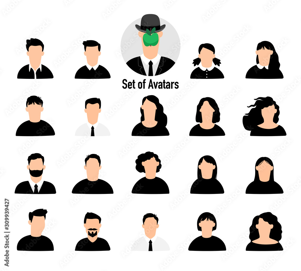 Male and female avatars set. Business and casual human face silhouettes, man and woman cartoon photo portraits, flat design profile persons icons Male and female avatars set. Business and casual human face silhouettes, man and woman cartoon photo portraits, flat design profile persons icons