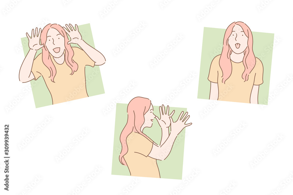 Antics, buffoonery, grimacing concept. Gesticulation, hand-play, making faces, laughter, aping young woman, clowning girl, female teenager putting out her tongue. Simple flat vector Antics, buffoonery, grimacing concept. Gesticulation, hand-play, making faces, laughter, aping young woman, clowning girl, female teenager putting out her tongue. Simple flat vector