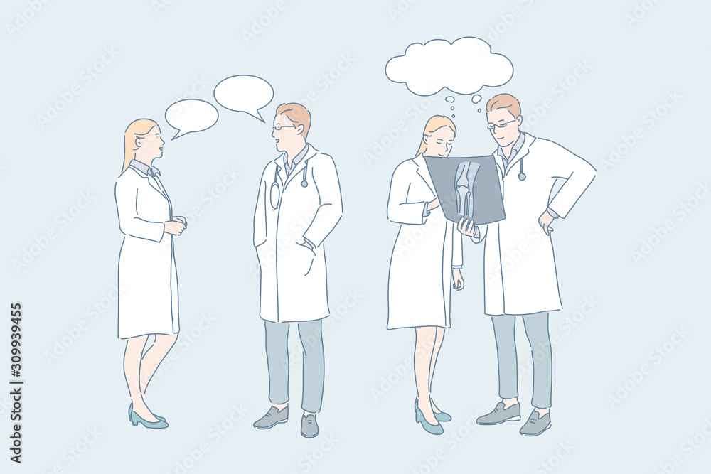 Doctor work, medical consultation, concilium concept. Medicine, injury treatment, therapy, male and female traumatologists with roentgenogram, people and speech bubbles. Simple flat vector Doctor work, medical consultation, concilium concept. Medicine, injury treatment, therapy, male and female traumatologists with roentgenogram, people and speech bubbles. Simple flat vector
