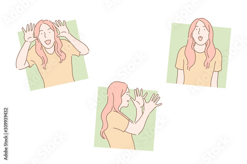 Antics, buffoonery, grimacing concept. Gesticulation, hand-play, making faces, laughter, aping young woman, clowning girl, female teenager putting out her tongue. Simple flat vector