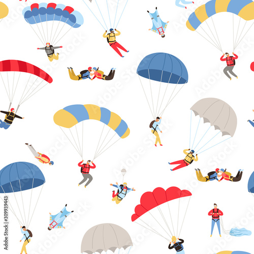 Fototapeta Naklejka Na Ścianę i Meble -  Skydivers seamless pattern. Skydiving repeating background, extreme sky jumpers with parachutes, paratroopers skydiving freedom sport and adrenaline vector illustration