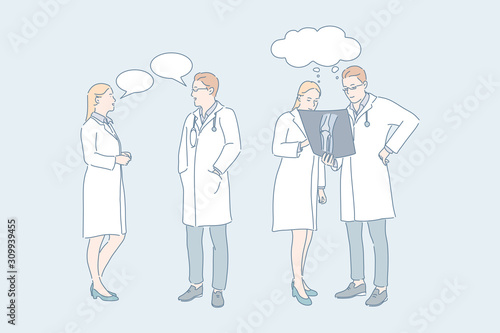 Doctor work, medical consultation, concilium concept. Medicine, injury treatment, therapy, male and female traumatologists with roentgenogram, people and speech bubbles. Simple flat vector