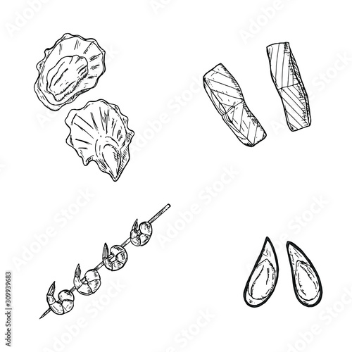 Hand-drawn set of seafood. Vector cartoon illustrations.
