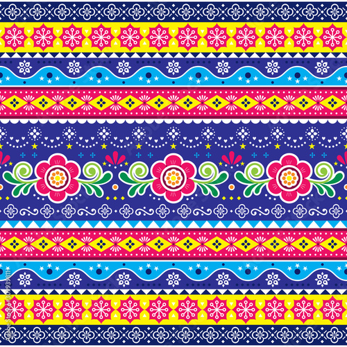 Pakistani or Indian truck art vector seamless pattern, repetitive design with flowers, leaves and abstract shapes   