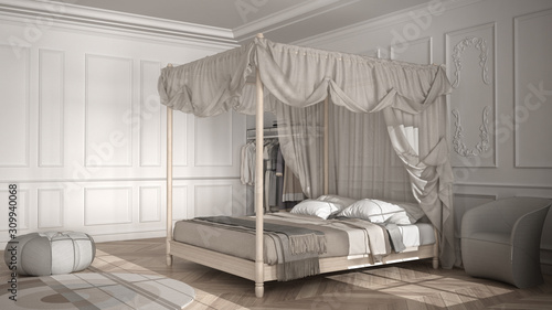 Obraz na plátně Classic luxury bedroom, hotel suite, herringbone parquet, stucco molded walls, d