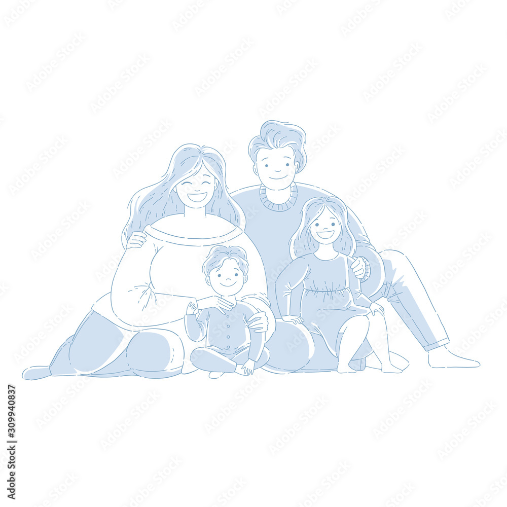 Parents and children are sitting on the floor. A happy family. Hand drawn style, monochrome vector illustrations. Parents and children are sitting on the floor. A happy family. Hand drawn style, monochrome vector illustrations.