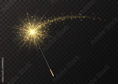 Magic wand with golden swirl and sparkles isolated on transparent background. The magic scepter with stardust trail.