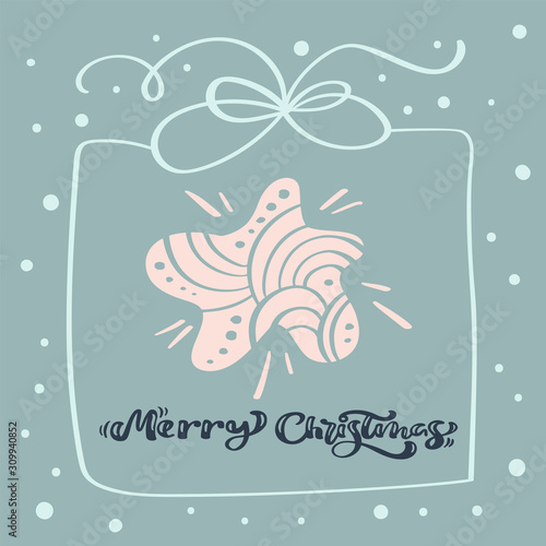 Merry Christmas calligraphic text. Christmas background with xmas star, frame box and other elements. Vector template for greeting card with place for text. Winter frame isolated