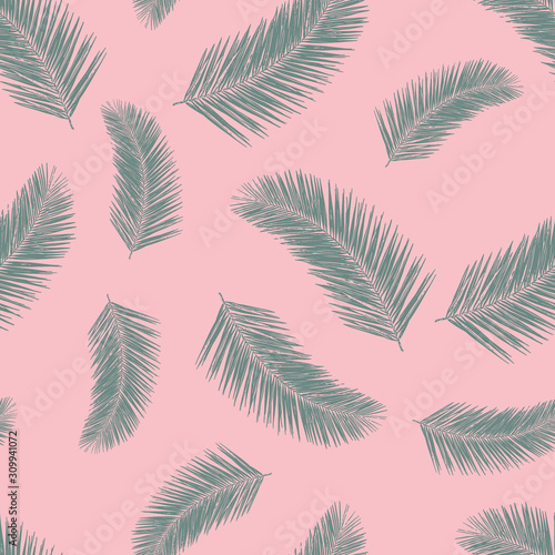 Abstract exotic palm leaf plants seamless vector pattern. Green tropical leaves on pink background. Tropical floral repeating backdrop. Vector illustration for fabric, packaging, banners, wrapping