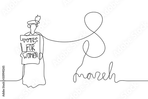 continuous line drawing of a silhouette of a suffragist with a poster "Voices for Women" and lettering "March 8". Black thin outline on a white horizontal background. Vector stock illustration 