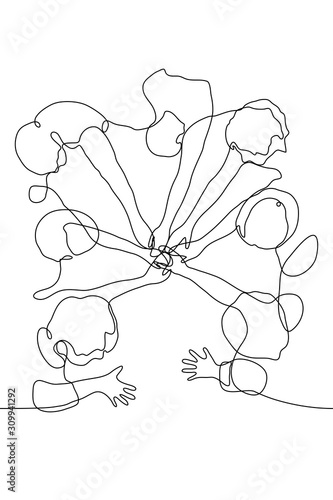 continuous line art company of people sits on the floor with their hands folded together in the center. The concept of friendship, association, collectivism, the strength of society, support, relation