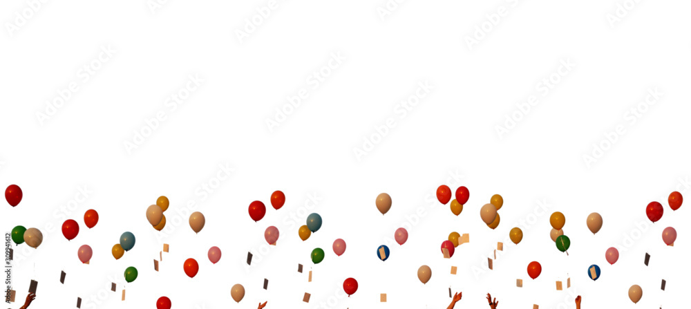 Panoramic background, colorful flying balloons. hands holding colored balloons with greeting cards isolated on transparent background. Transparency only in vector format. Concept of happiness and joy