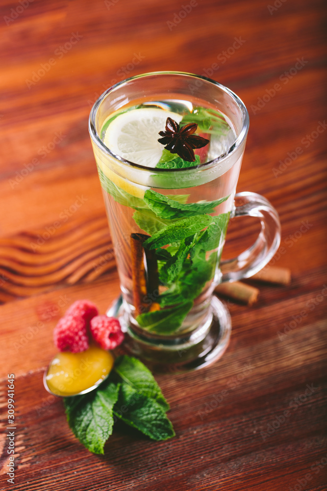 Mint and lemon tea in glass Mint and lemon tea in glass