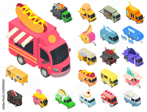 Food truck icons set. Isometric set of food truck vector icons for web design isolated on white background