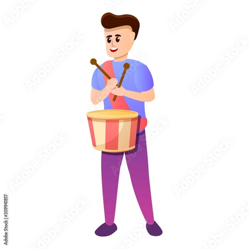 Boy playing drums icon. Cartoon of boy playing drums vector icon for web design isolated on white background