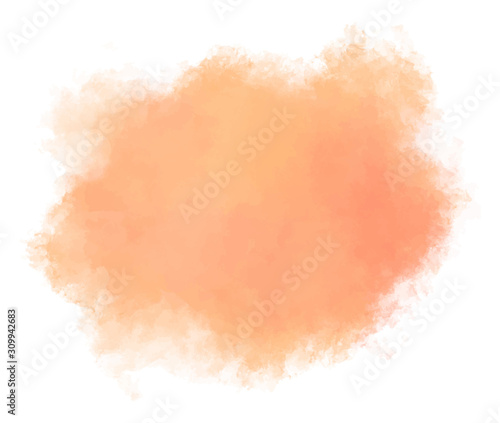 Watercolor soft orange background. Vector abstract illustration. Texture for graphics. Colorful, pastel paint splash, stain on white isolated background. Copy space. EPS 8.  Light and delicate.
