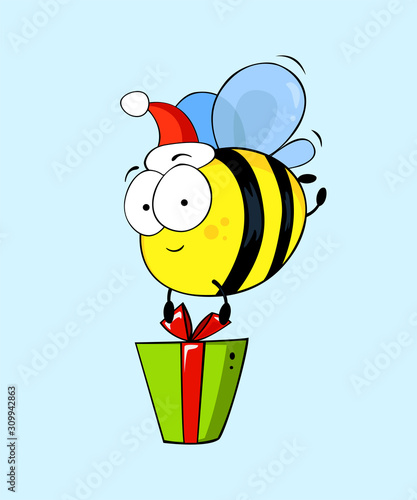 Cute cartoon bee in Santa's hat with gift box. Beautiful character for your  Christmas design.