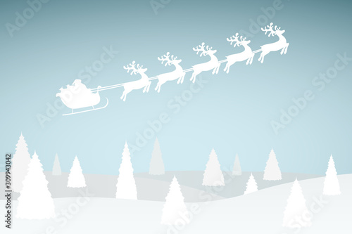 Santa Claus is flying with a reindeer team in the forest with Christmas trees
