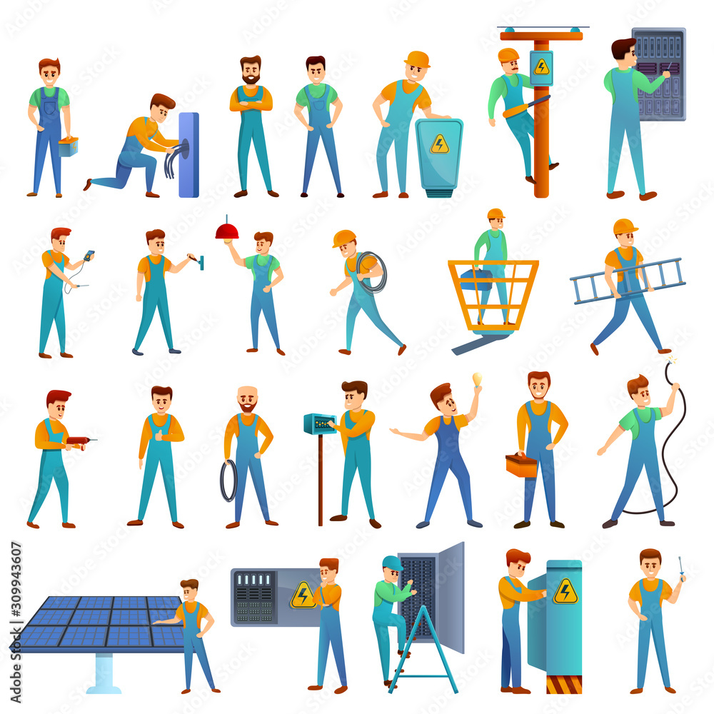 Electrician service icons set. Cartoon set of electrician service vector icons for web design Electrician service icons set. Cartoon set of electrician service vector icons for web design
