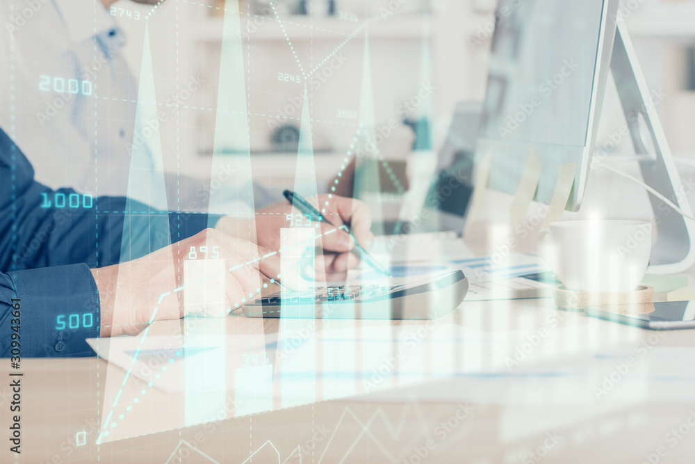Forex graph with businessman working on computer in office on background. Concept of hardworking. Closeup. Multi exposure. Forex graph with businessman working on computer in office on background. Concept of hardworking. Closeup. Multi exposure.