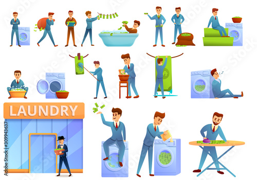 Money laundering icons set. Cartoon set of money laundering vector icons for web design