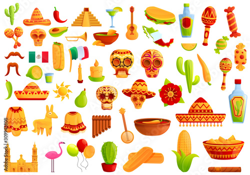 Mexico icons set. Cartoon set of Mexico vector icons for web design