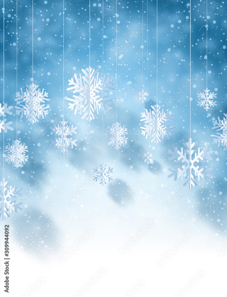 Winter blue background with white paper kirigami snowflakes.