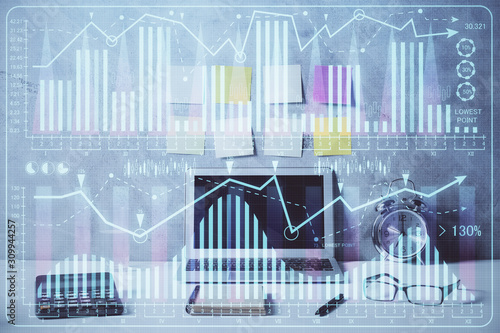 Double exposure of forex graph and work space with computer. Concept of international online trading. © peshkova