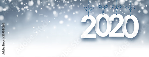 Abstract silver 2020 New Year banner with snow.