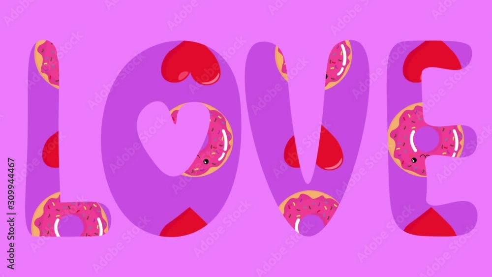 Bright, simple animation of rotating donuts. Cartoon background. Greeting card motion design. Love text animation. Valentine's Day greeting template. Bright, simple animation of rotating donuts. Cartoon background. Greeting card motion design. Love text animation. Valentine's Day greeting template.