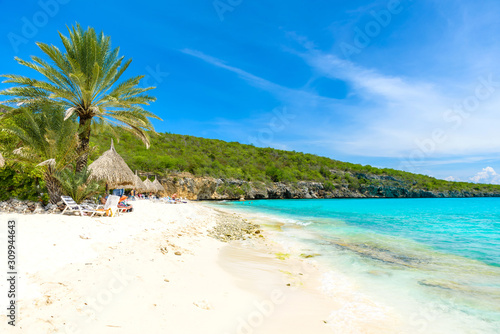Cas Abao beach - paradise white sand Beach with blue sky and crystal clear blue water in Curacao  Netherlands Antilles  a Caribbean tropical Island