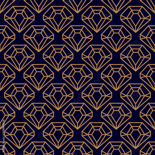 Gemstone Seamless pattern in minimal trendy style. Gold linear diamonds on a dark purple background. Vector