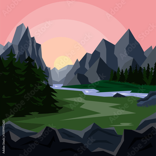 Mountain landscape and river at dawn. Illustration in a flat style.