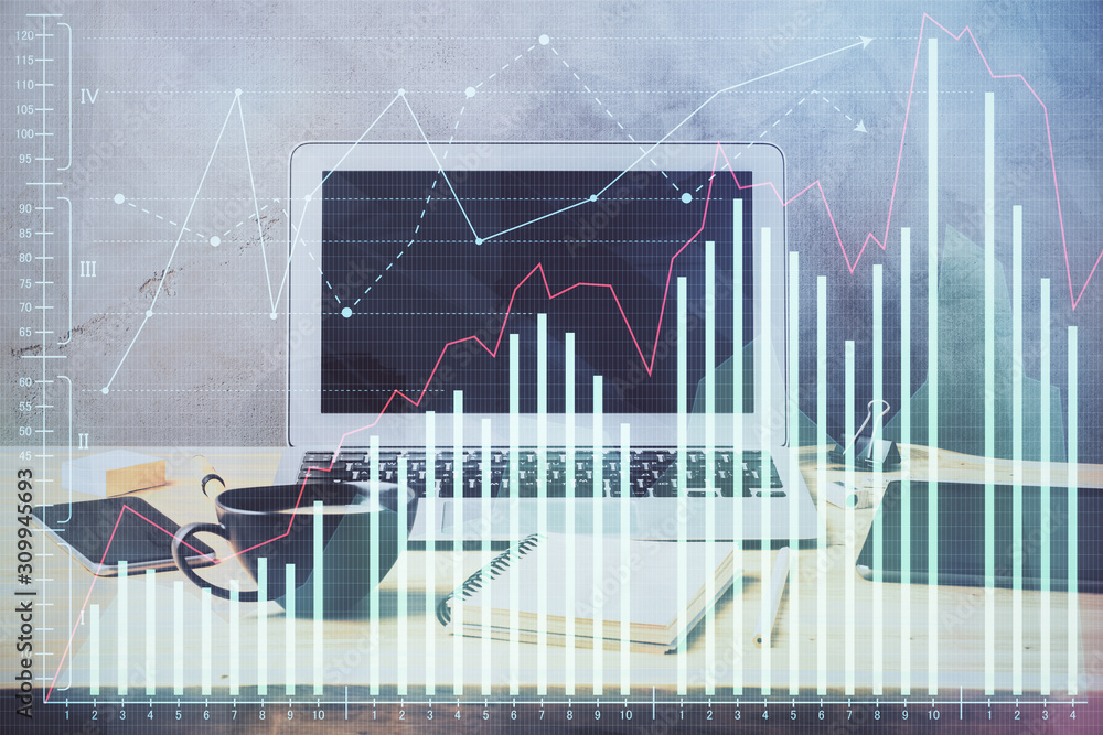 Multi exposure of graph and financial info and work space with computer background. Concept of international online trading. Multi exposure of graph and financial info and work space with computer background. Concept of international online trading.