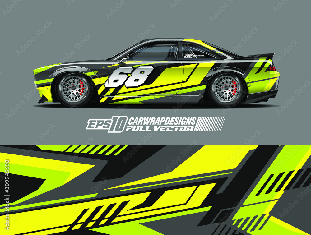 Racing car wrap design vector. Graphic abstract stripe racing background kit designs for wrap vehicle, race car, rally, adventure and livery. Full vector eps 10