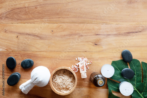 Spa wellness Relax concept. Spa background with spa accessories on wooden background. Top view with copy space.