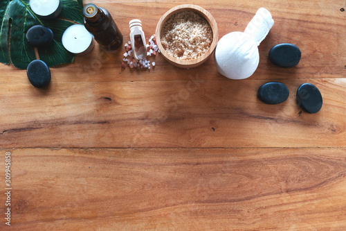 Spa wellness Relax concept. Spa background with spa accessories on wooden background. Top view with copy space.